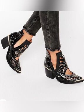 🆕{Jeffrey Campbell}Maceo Gold Studded Cutout Western Ankle Boots